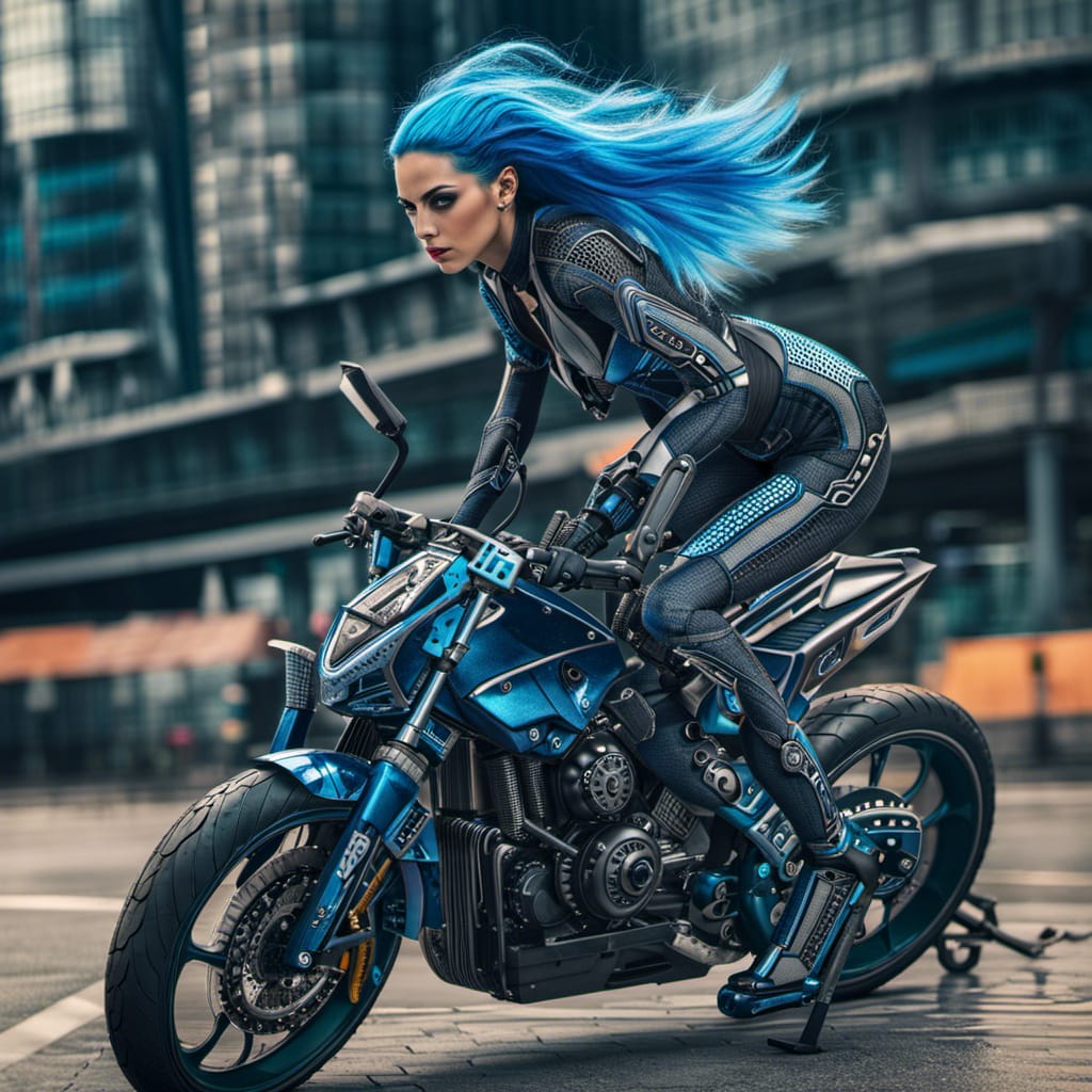 girl on bike with blue hair
